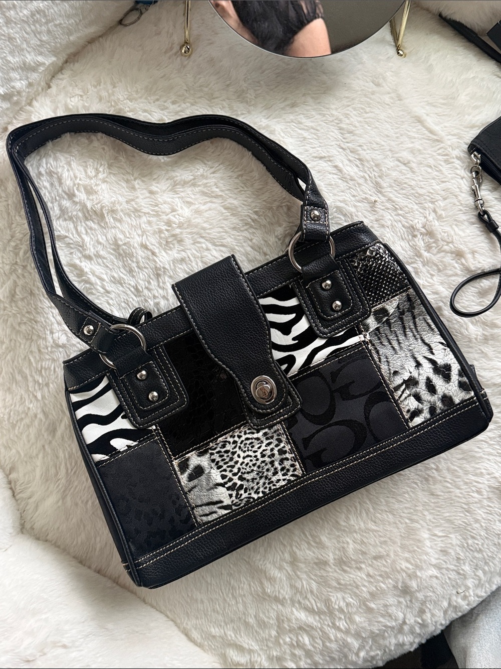 Patchwork Animal print Tote Bag Purse zebra cheetah leopard black white Y2K